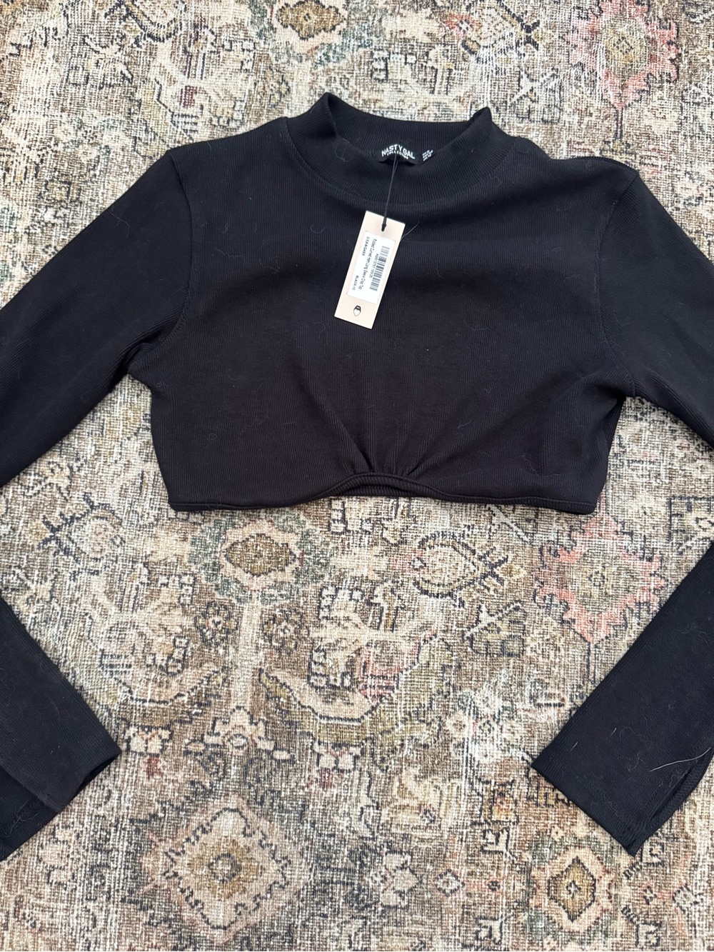 Nasty Gal Black Ribbed Mock Neck Cropped Long Sleeve Top